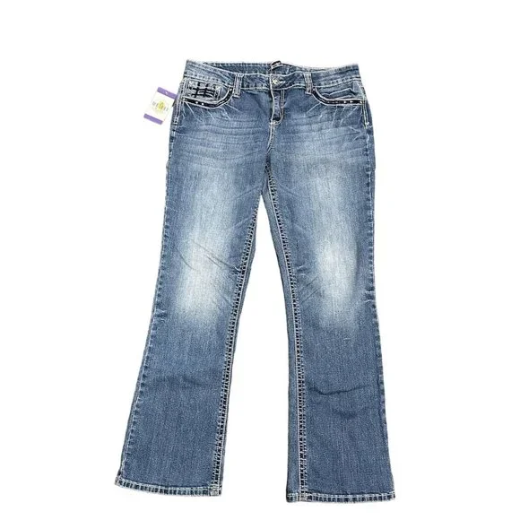 Soundgirl Jeans Juniors 17 Blue Bootcut Studs Bling Thick Stitch Fluer De Lis - Picture 2 of 16